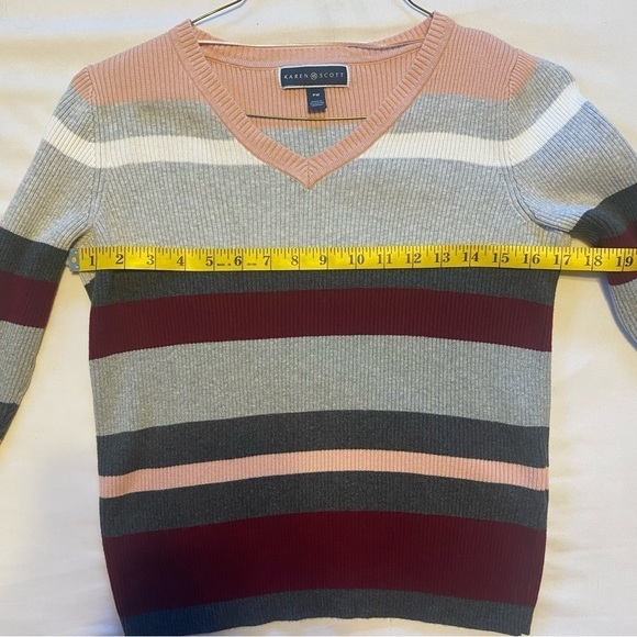 Karen Scott Rib Knit Striped V-neck 100% Cotton Top Size MP - Picture 7 of 11